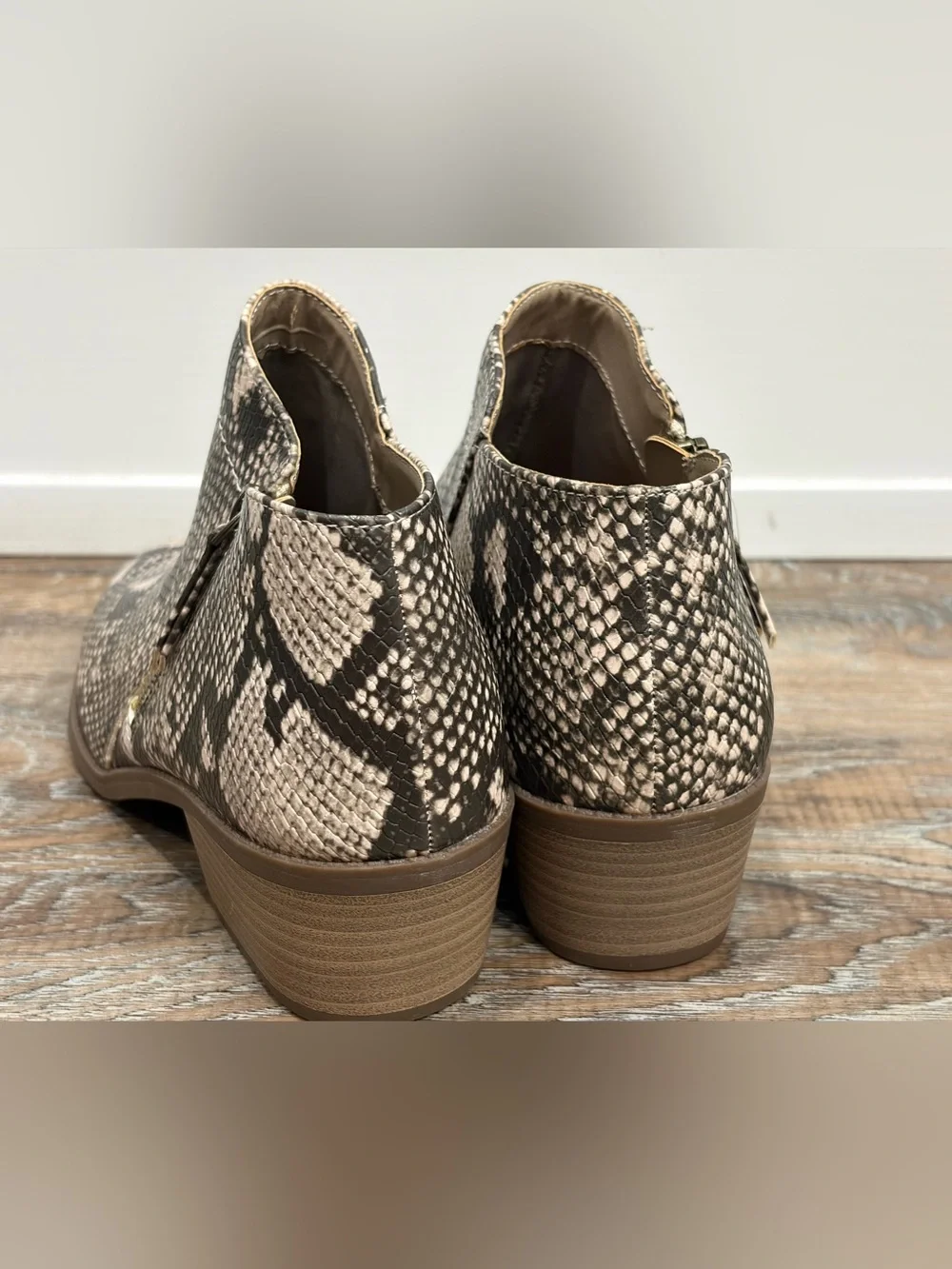 Women's Snake Print Ankle Booties in Beige/Black, Size 10
